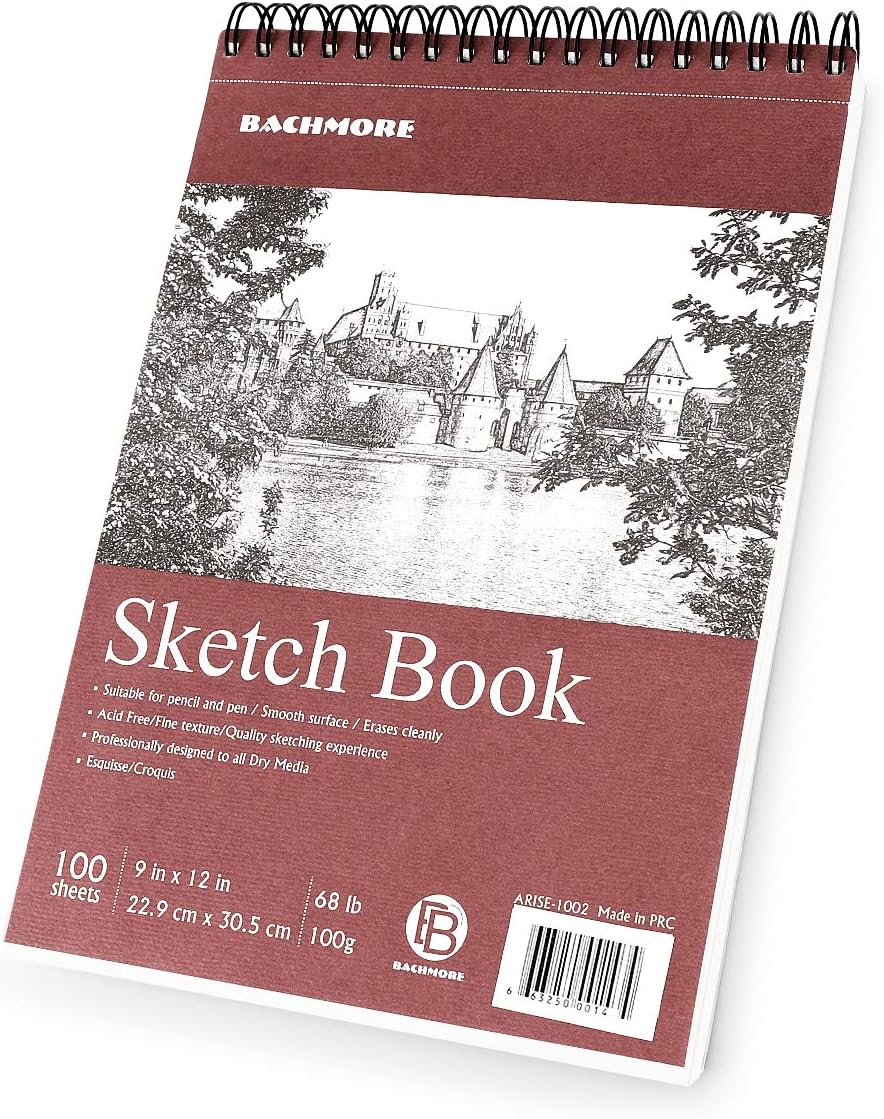 Bachmore Sketchpad 9X12 Inch (68lb/100g), 100 Sheets of TOP Spiral Bound Sketch Book for Artist Pro & Amateurs | Marker Art, Colored Pencil, Charcoal for Sketching
