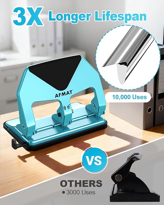 AFMAT 3 Hole Punch Heavy Duty, 50-Sheet Three Hole Punch, 50% Reduced Effort, 10,000+ Uses, 9/32" Holes, S.S. Paper Guide, 3 Hole Puncher for Binder, Metal Hole Puncher for Home Office School HP20