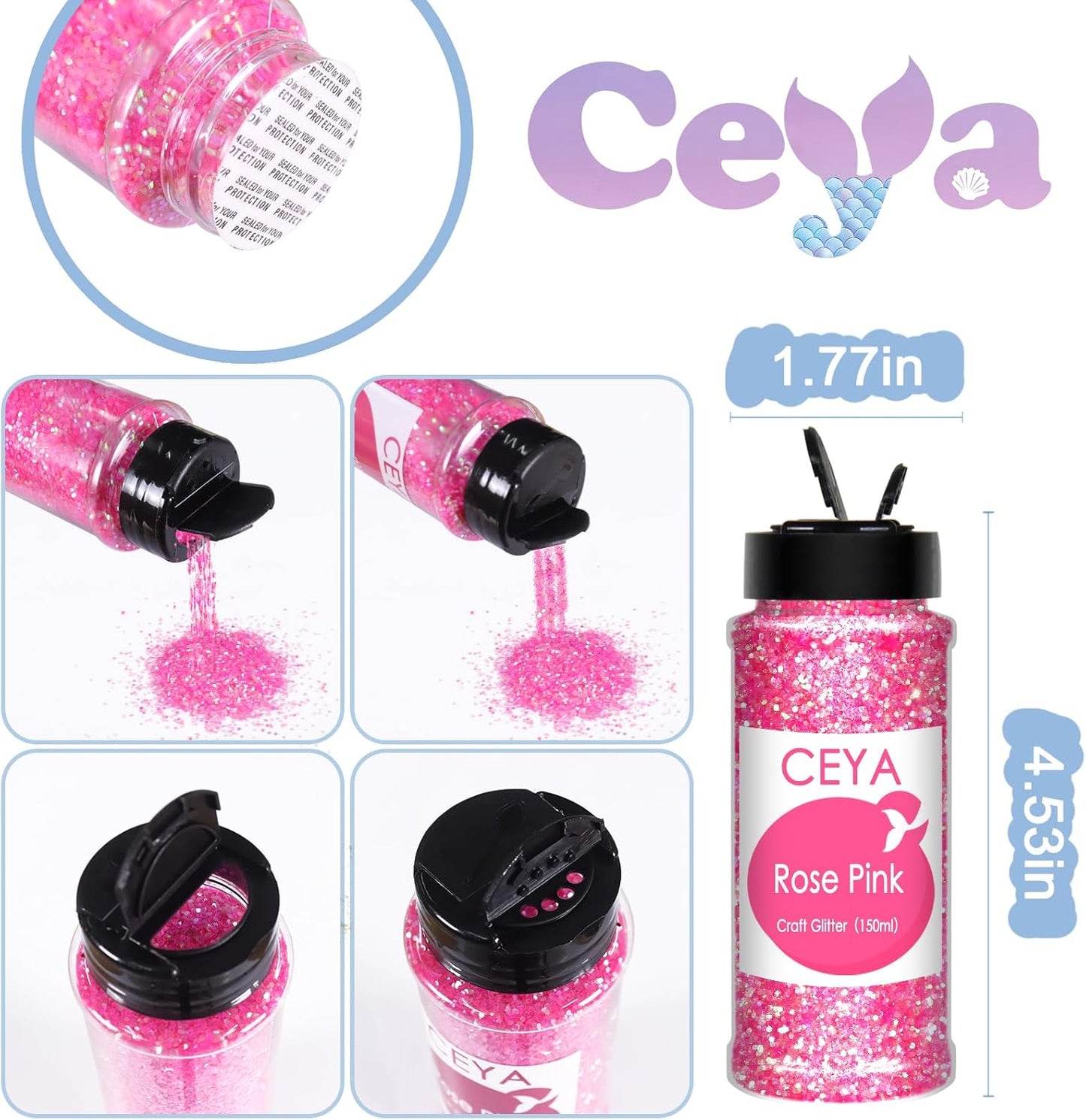 Ceya Bulk Chunky Glitter 6 Assorted Colors, 4.23OZ Each Jar Iridescent Crafts Glitter Set, 1/24” Medium Size Nail Sequins for School Classroom Art,DIY Craft Slime,Blue,Pink,Orange, Green,Yellow,Purple