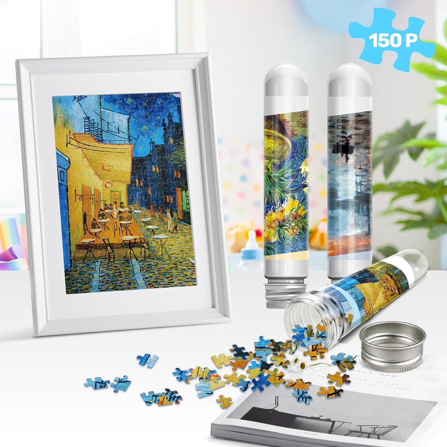150 Pieces Mini Jigsaw Puzzle for Adults & Kids - 6" x 4" Small Capsule Tube Intelligent Game - Impression Sunrise, Fritillaries in a Copper Vase, Cafe Terrace at Night 3 Pack