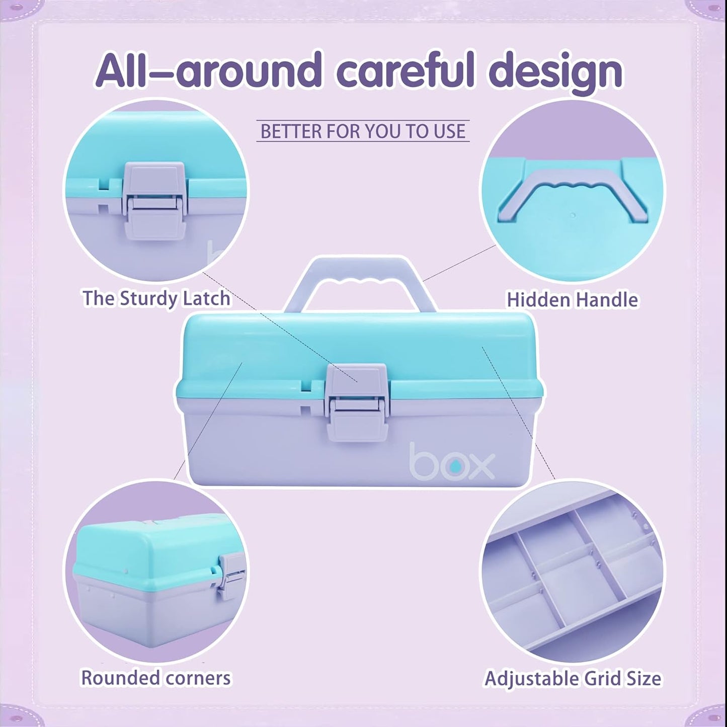 12in Three-Layer Multipurpose Storage Box Organizer Folding Tool Box/Art & Crafts Case/Sewing Supplies Organizer/Medicine Box/Family First Aid Box with 2 Trays (Purple Blue)