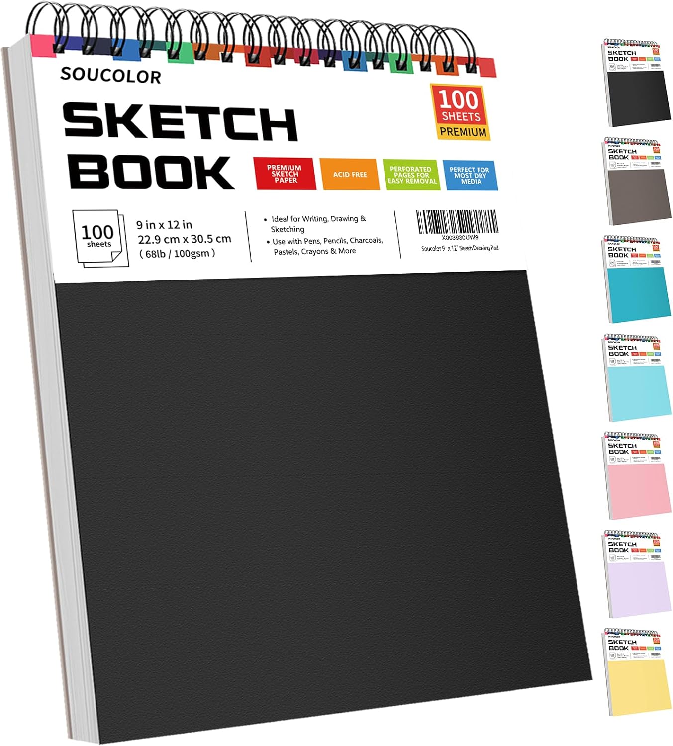 Soucolor 9" x 12" Sketch Book, 1-Pack 100 Sheets Spiral Bound Art Sketchbook, (68lb/100gsm) Acid Free Artist Drawing Book Paper Painting Drawing Writing Sketching Pad for Kids Adult Teens Girls Boys