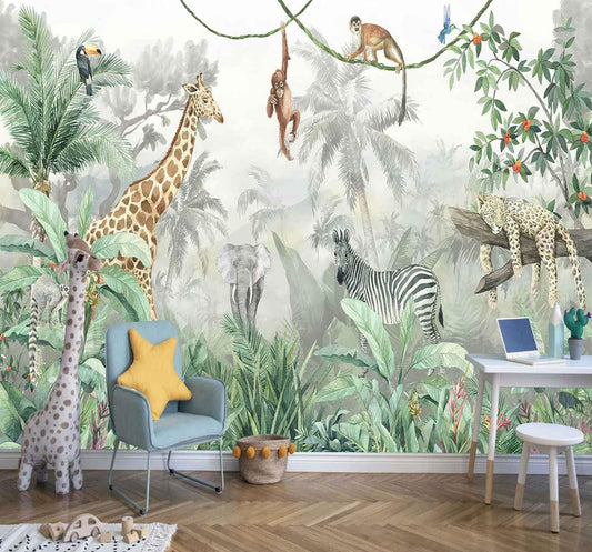 Kids Wallpaper Tropical Leves and Safari Animals Wall Mural for Wall Bedroom Living Room TV Background Sofa Wall（Not Peel and Stick）