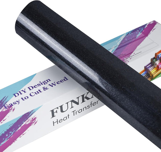 FUNKAKA Glitter Black HTV Heat Transfer Vinyl Rolls, 12" x 8ft PU Iron on Vinyl for T-Shirt Black Glitter HTV Vinyl for All Cutter Machines Easy to Cut & Weed for Heat Vinyl Design