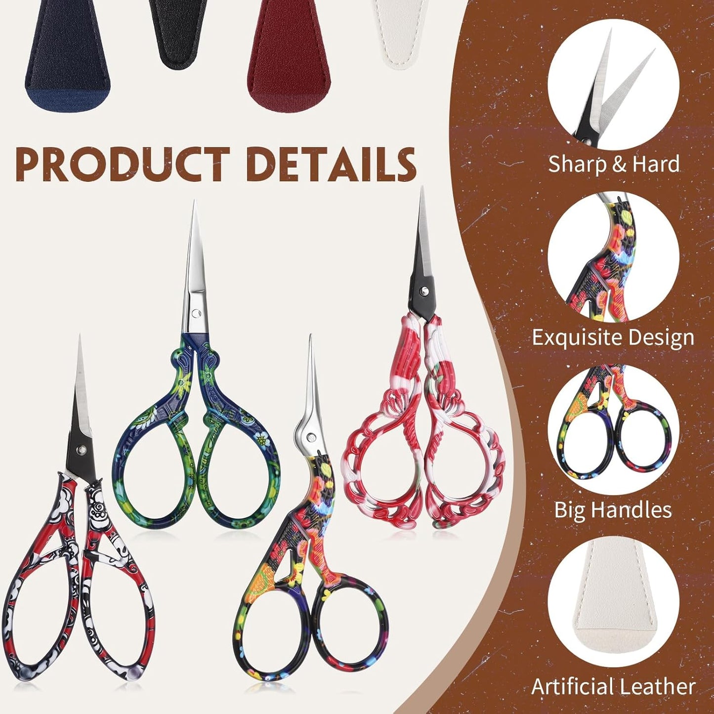 Zhehao 4 Pcs Sewing Embroidery Scissors with Artificial Leather Cover Sewing Stainless Vintage Embroidery Scissors for DIY Needlework Art Manual Handicraft (Delicate)