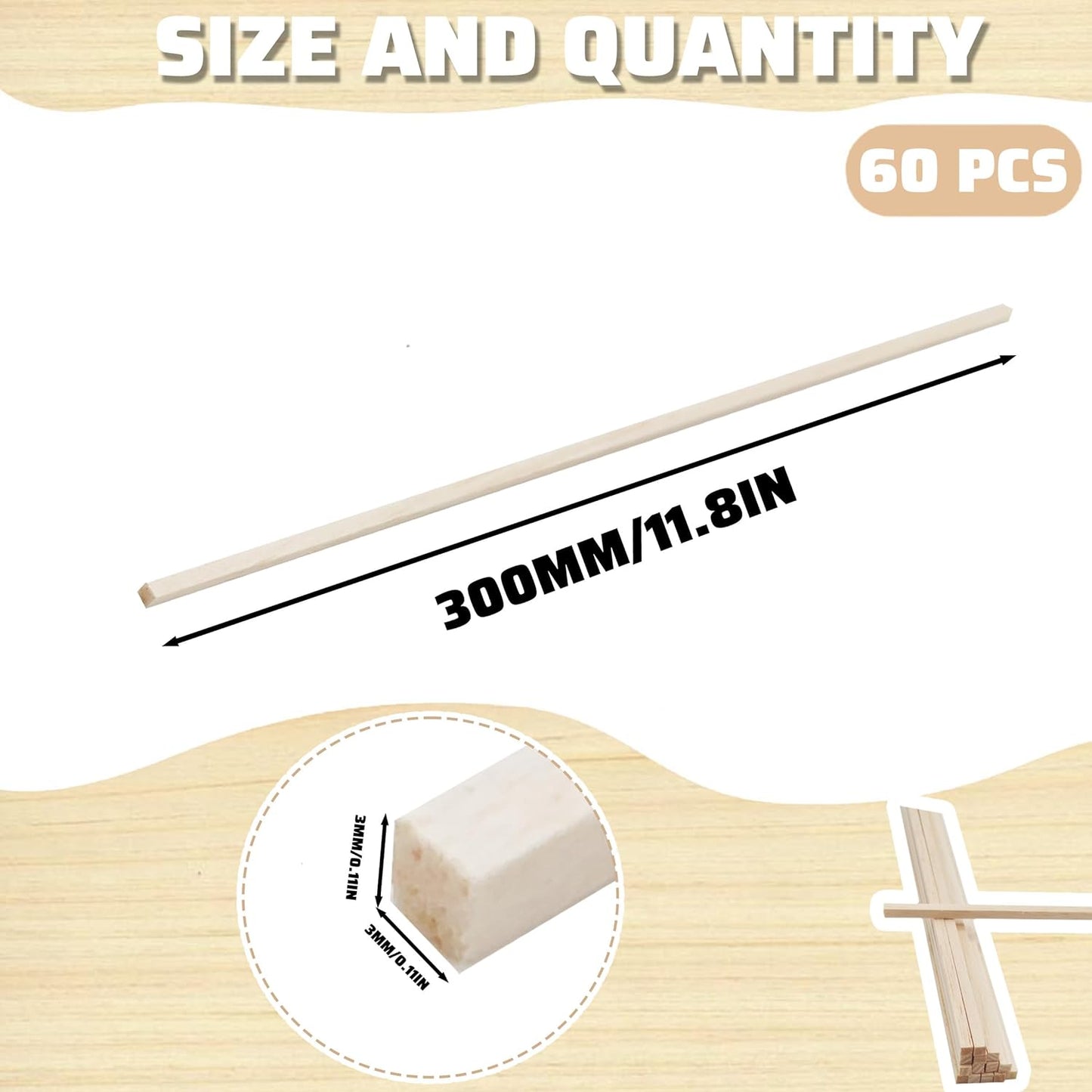 60Pcs Wood Square Dowel Rods 1/8 x 1/8 x 12 inch,Balsa Wood Squares for Crafts,Model Making (1/8"x12"-60pcs)