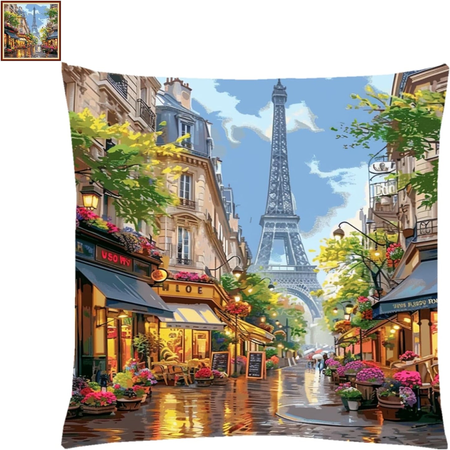 Stamped Cross Stitch Kits for Adults Beginners Pillow Needlepoint Kit with Embroidery Pattern Needlework Kit Prestamped Stitches Kit 11CT Cross Stitching-Eiffel Tower Street 18x18 inch