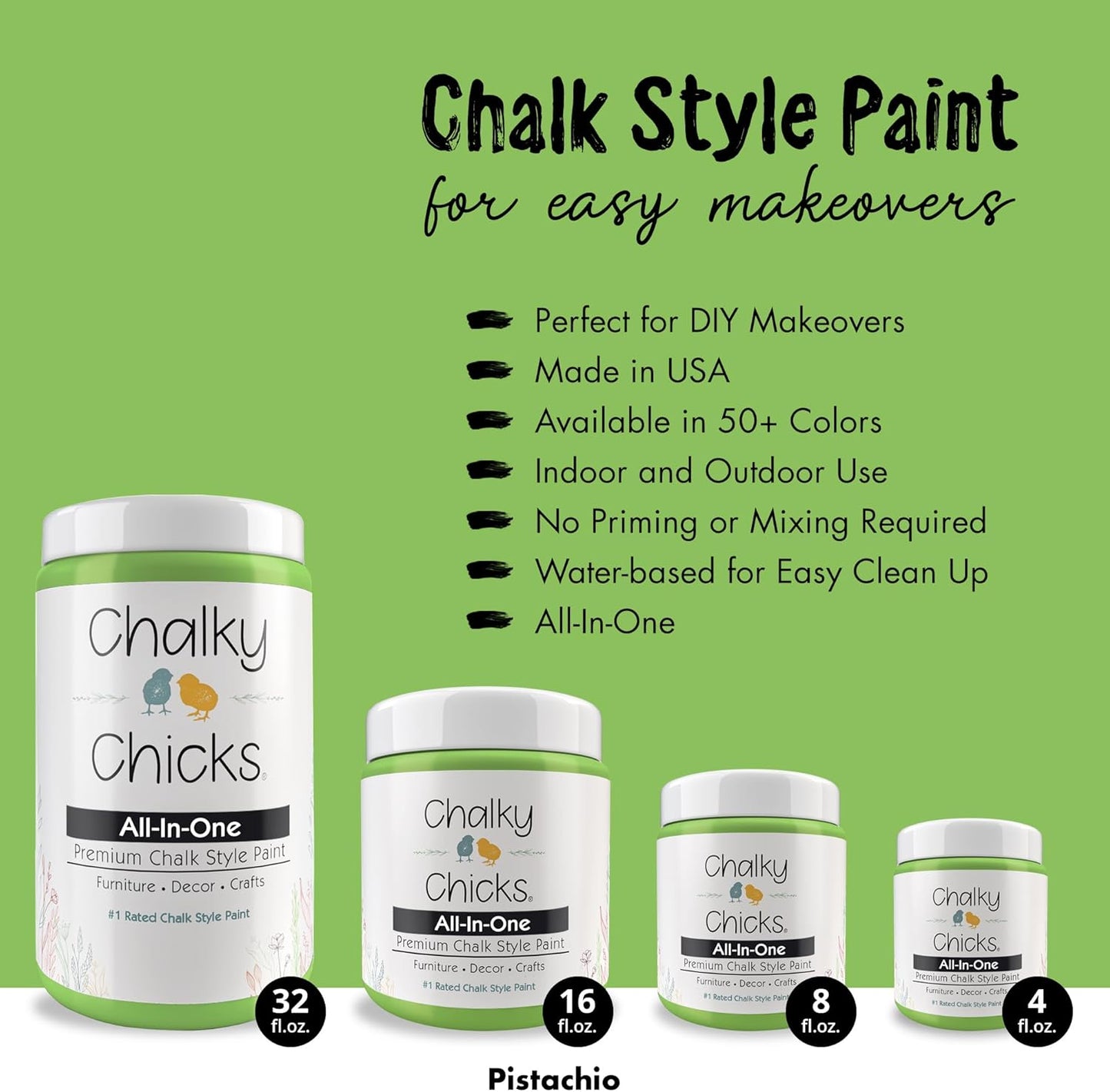 Chalky Chicks All-in-One Chalk Paint for Furniture or Cabinet - 8 Fl Oz - Matte Finish Pistachio (Lime Green) for Metal, Wood Furniture Paint - No Sanding All-in-One for Home Decor & Crafts, USA Made