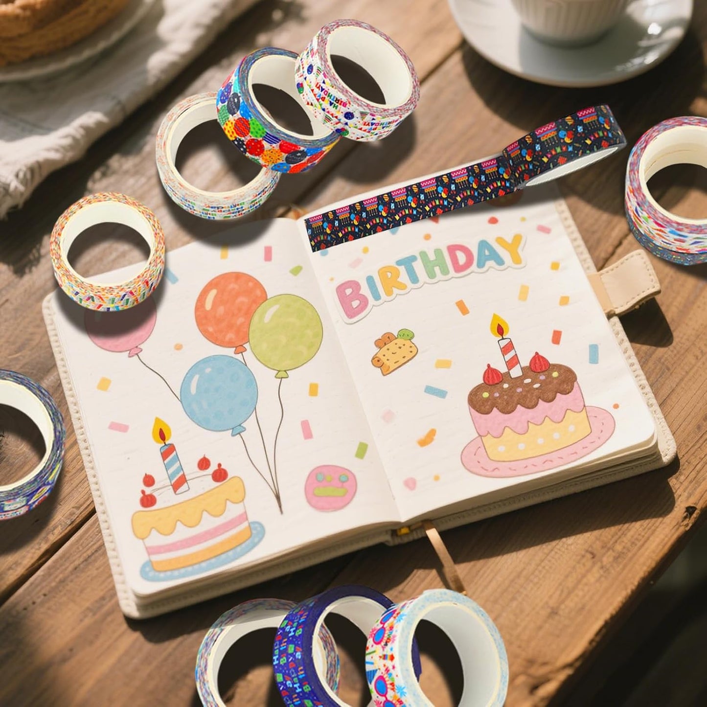 12 Rolls Happy Birthday Washi Tape, Colorful Cake Candles Masking Tapes, Balloons Birthday Hat Decorative Washi Tape for Birthday Party Gift Wrapping Scrapbooking DIY Art Crafts 16.4FT