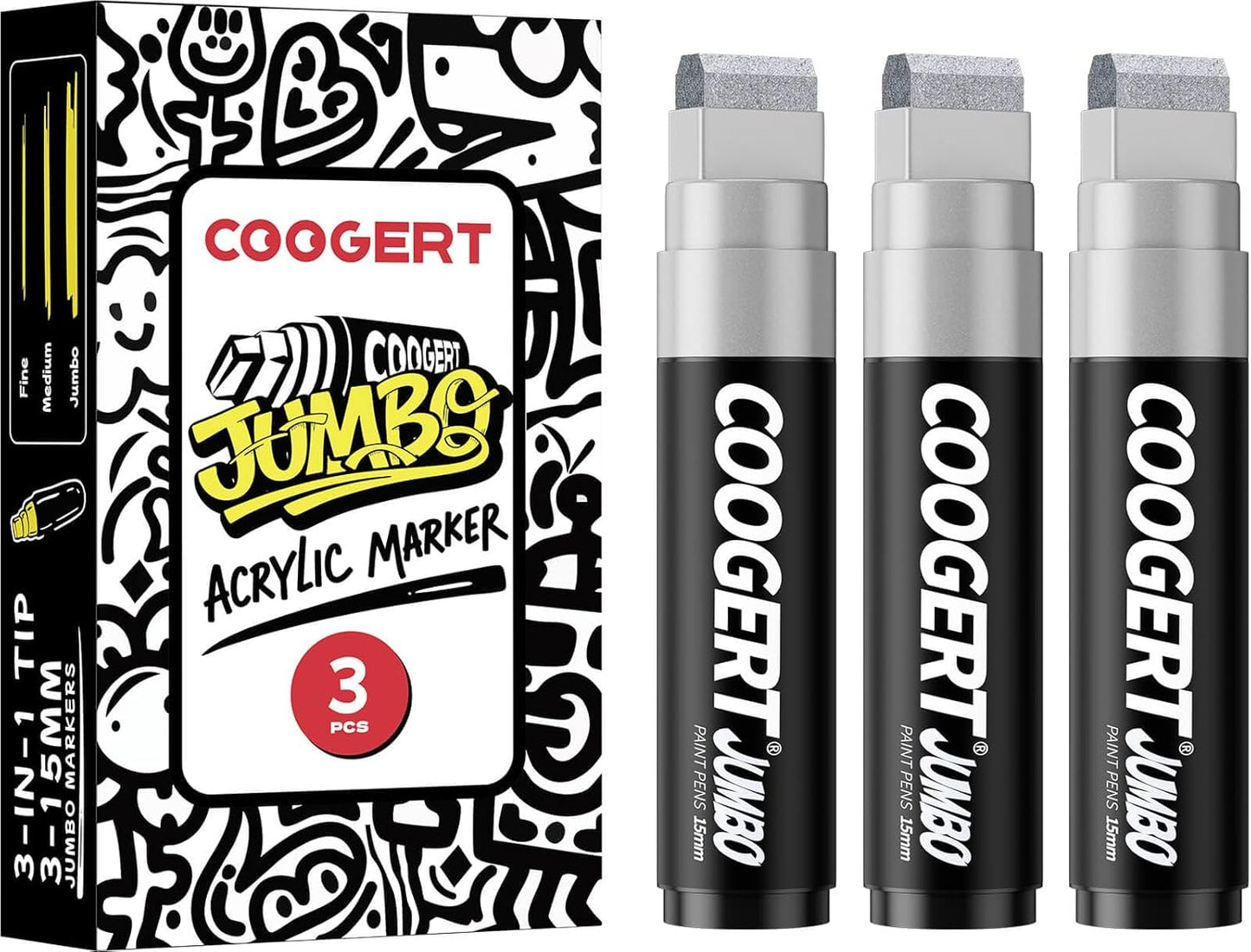 3Pcs Silver Jumbo Poster Markers, 15MM Thick Permanent Acrylic Graffiti Markers, Wide Tip Paint Marker for Canvas, Posters Board, Fabric, Window, Glass, Wood, Teachers,Banner painting supplies