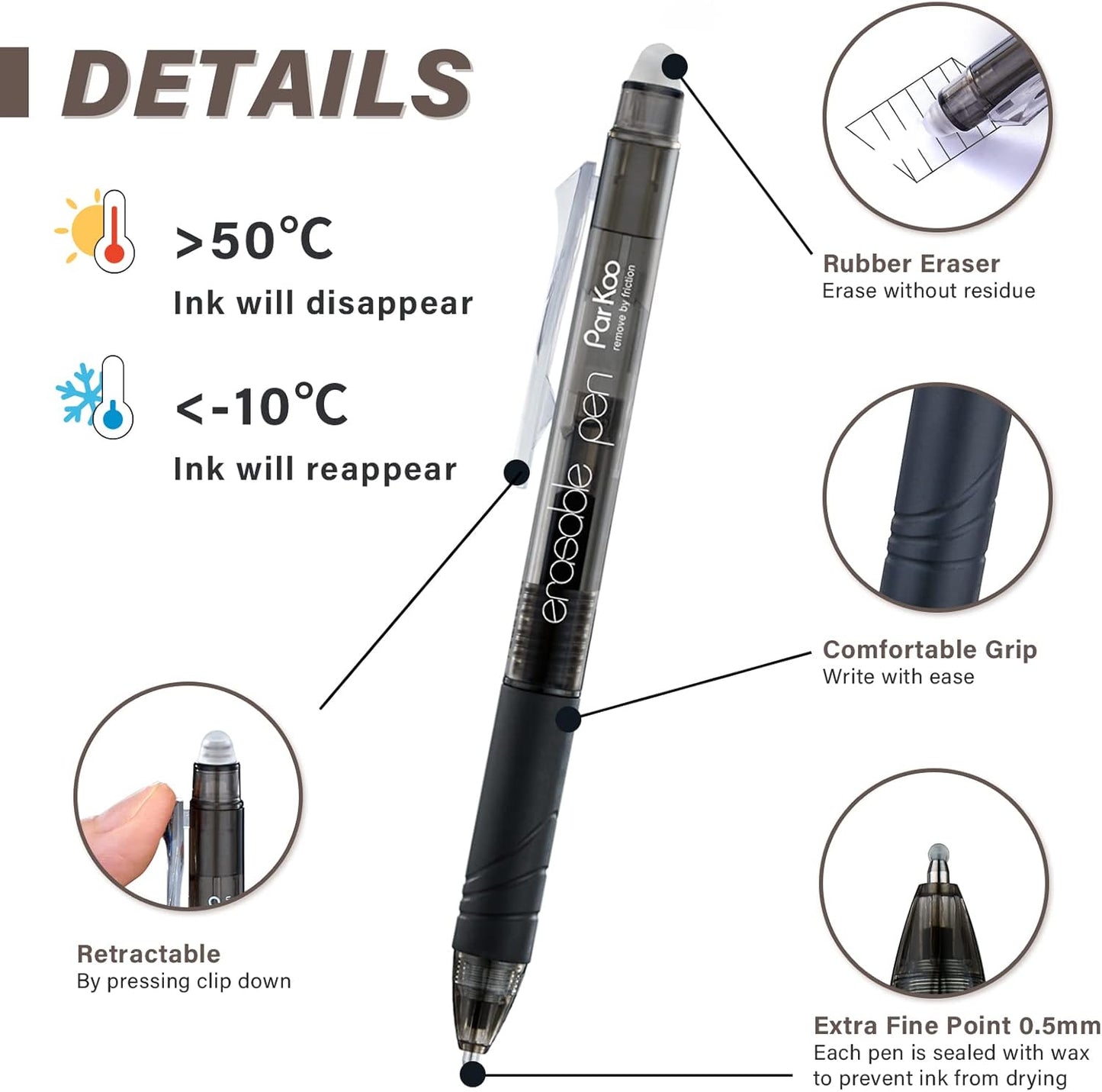 ParKoo Retractable Erasable Gel Pens Clicker Fine Point 0.7 mm, Make Mistakes Disappear, 3 Black/3 Blue Ink Pens with 4 Bonus Refills for Drawing Writing Journaling and Crossword Puzzles