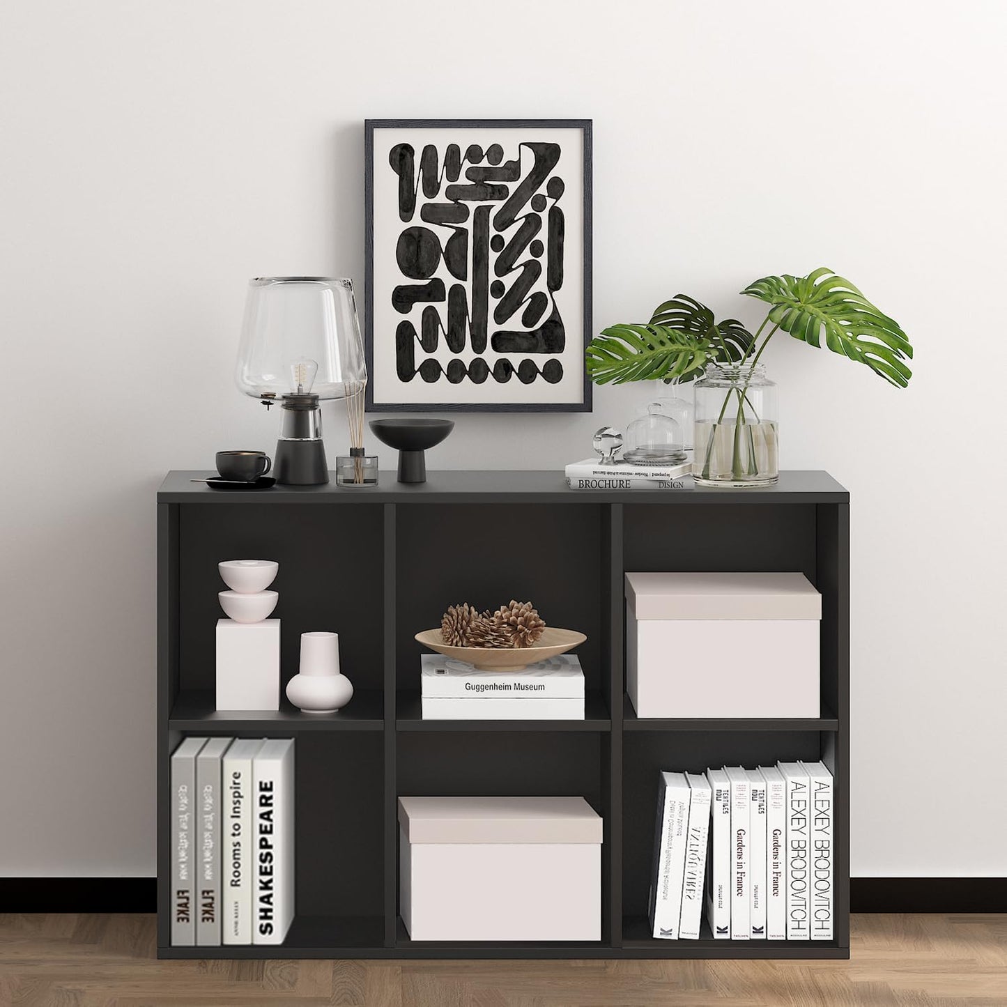 Wooden 6 Cube Storage Organizer with Closed Back Panel,Black Cube Shelf Heavy Duty Cubby Storage Organizer with Compartments for Living,Display Shelf,Bookshelf