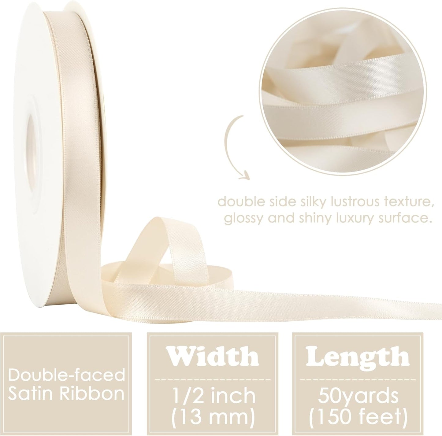 HUIHUANG Light Champagne Satin Ribbon 1/2 inch Continuous 50 Yards Double-Faced Satin Ribbon for Gift Wrapping, Bows, DIY Crafts, Flower Bouquet, Wedding Decor, Holiday Decor