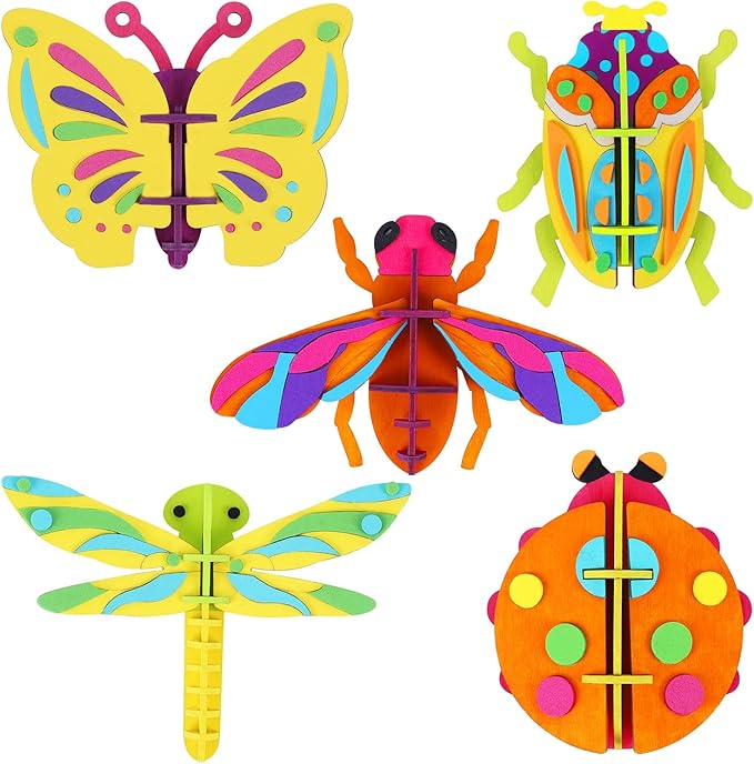 Glintoper Wooden Insect Crafts Painting Kit for Kids Boys Girls, 5 Piece Set DIY 3D Insect Puzzle with Brushes & Paint Decorate Your Own Painting Gift for Christmas Easter Birthday Party Favors