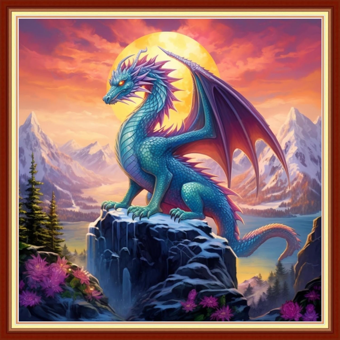 Joyhoor Cross Stitch Kits for Beginners Stamped Cross-Stitch Supplies Needlework preprint Embroidery Kits for Adults DIY Needlepoint Kits Embroidery Patterns 11CT-Sunrise Colored Dragon 18x18 inchs