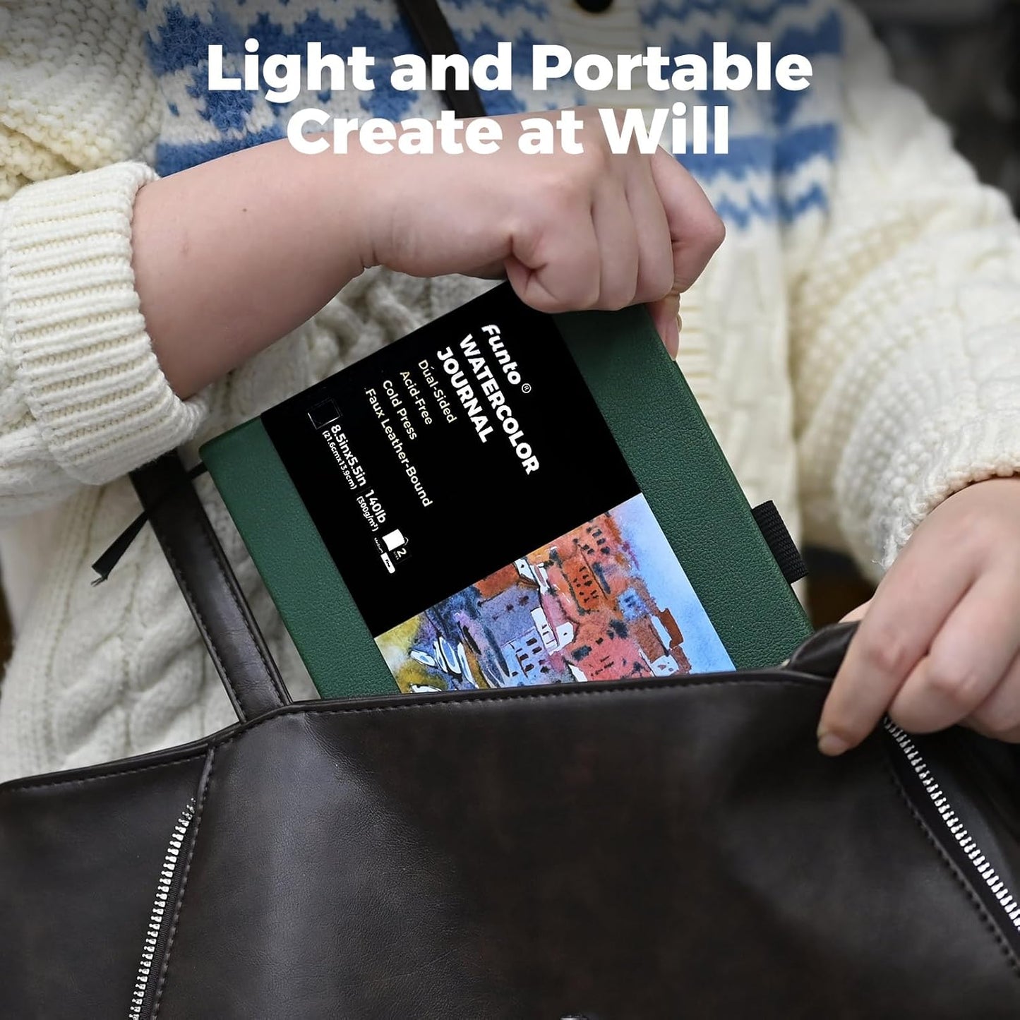 Funto Watercolor Journal, 8.5x5.5, 2 Pack, 48 Pages Each, Green Leather Cover, Cold-Pressed, Inner Paper Pocket, Art Supplies for Mixed Media