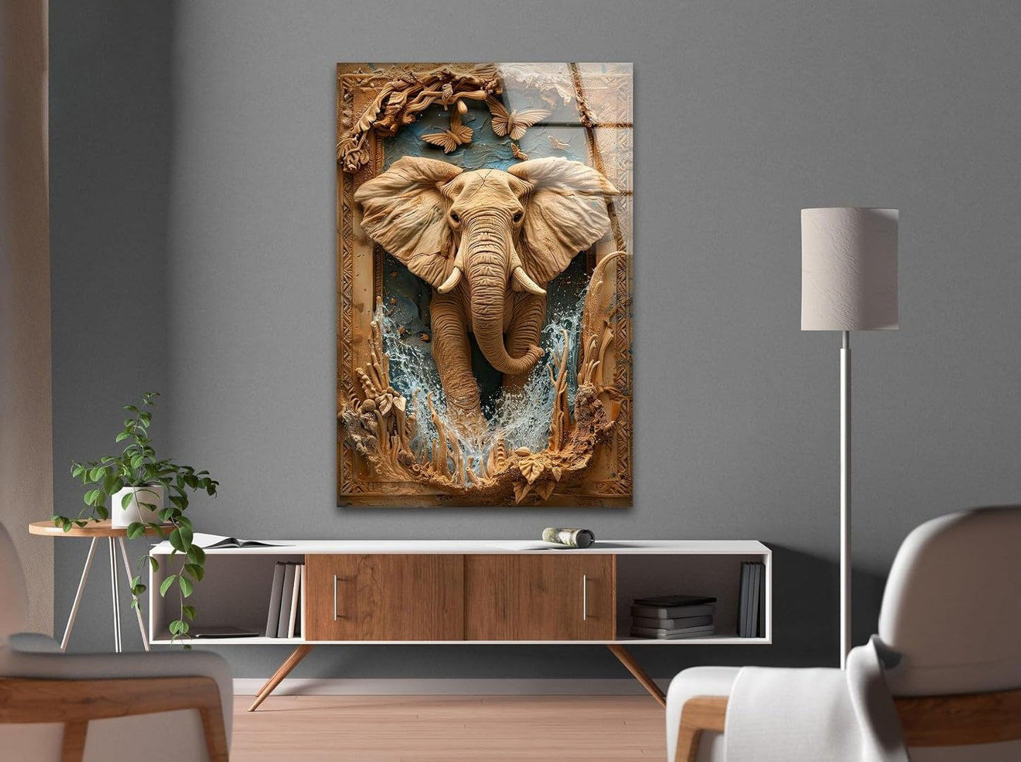 My Photostation.com 14Wx20H'' Elephant Carving Glass Wall Art Tempered Glass Printing Wall Decor Large Wall Art Wall Hangings