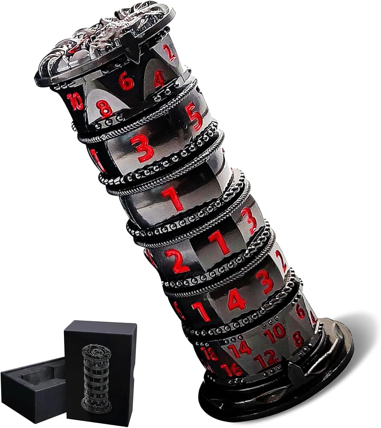 DND Dice Spinner Tower Set - Unique D4 D6 D8 D10 D10% D12 D20 All in One D&D Metal Dice - Cool Role Playing Gifts for Dungeons and Dragons TRPG MTG Games Lover Player (Tower-Black Nickel Red)