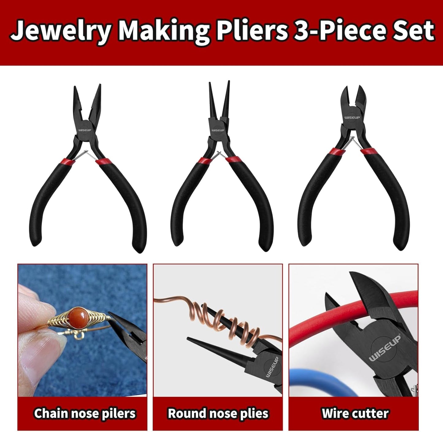 WISEUP 3 Pcs Jewelry Pliers Set - Needle/Chain Nose, Round Nose and Wire Cutters for Jewelry DIY Craft，Repair & Wire Wrapping