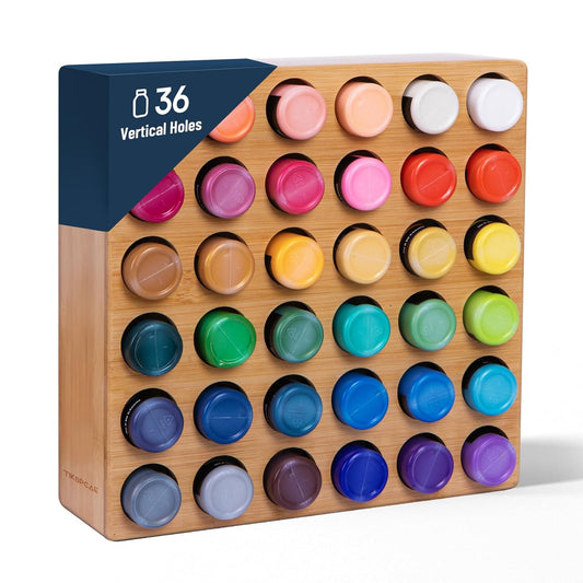 Bamboo Craft Paint Storage Organizer,36-Hole Vertical Paint Rack Stand for 2oz Craft & Acrylic Paints,Stackable Modular Storage Solution for Home, Classroom, and Office