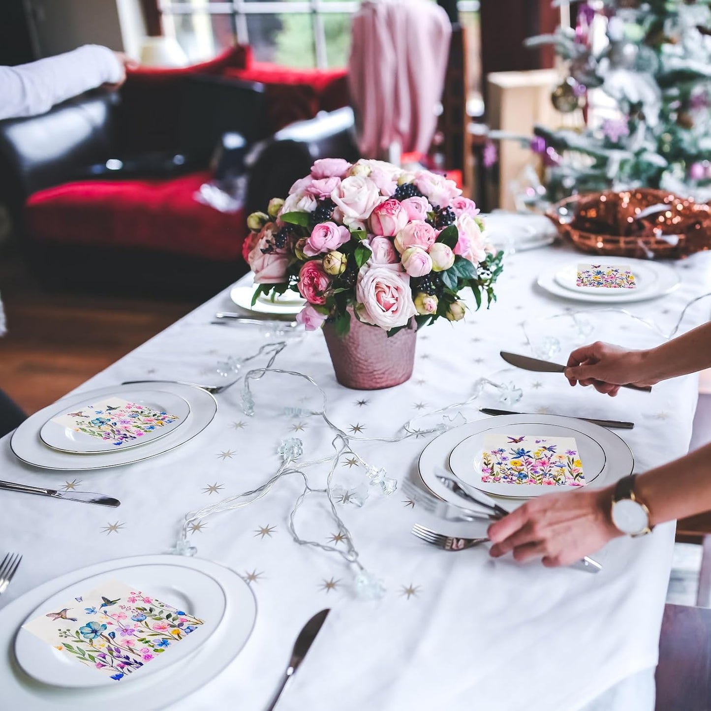 Cocktail Napkins 80 Pack 2 Ply Floral Beverage Luncheon Dinner Paper Napkins Flower Print Disposable Napkins for Wedding Anniversary Celebrations, 5X5 Inches Folded