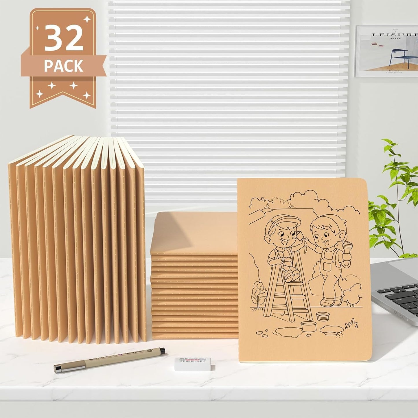 Oucaru Journaling Notebooks A5 College Ruled Notebook 32 Pack Lined Small Kraft Notebooks Bulk 8.3x5.5 Inches, Brown Composition Notebooks Writing Journal School Supplies for School Work and Travel