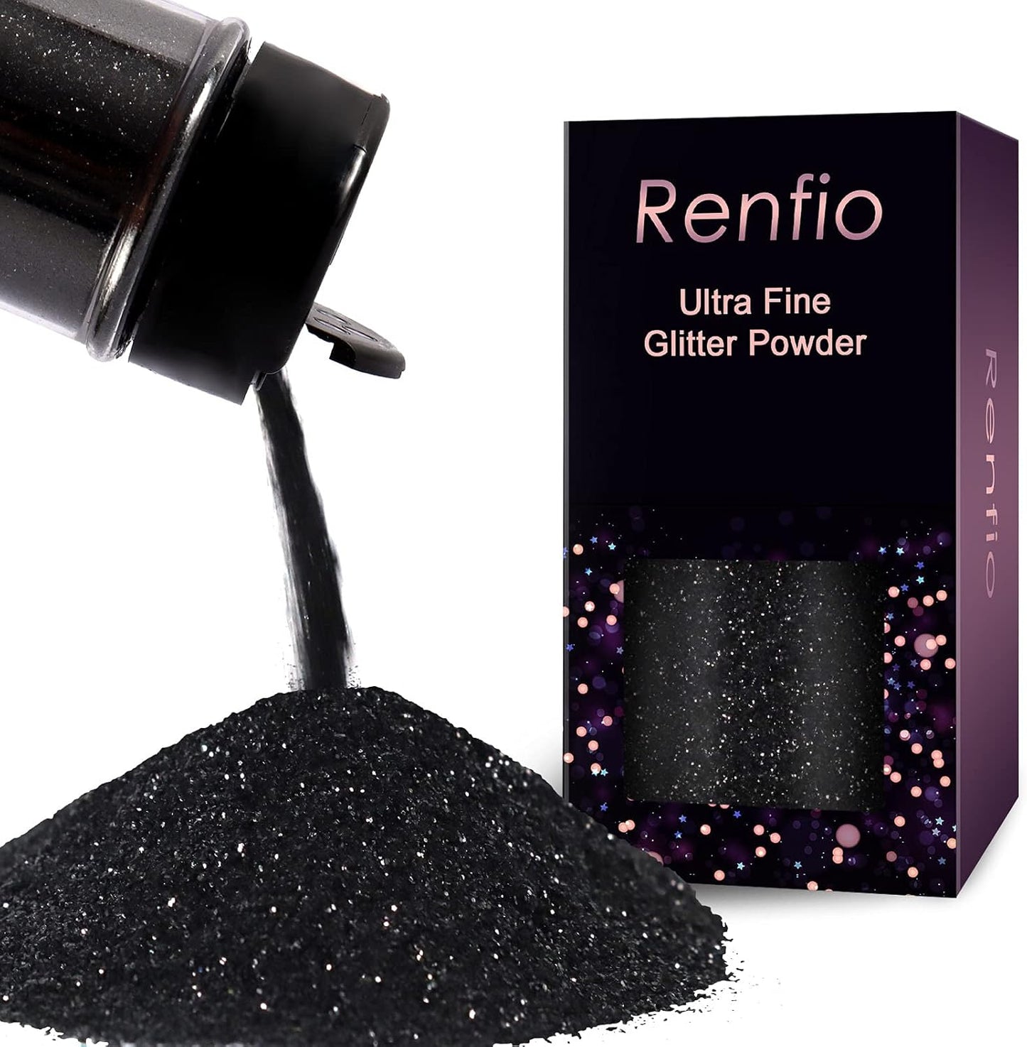 Renfio Ultra Fine Metallic Resin Glitter Powder 2.11 Oz (60g) PET Flakes Crafts Sequins 1/128" Black Glitter Epoxy Chips Flakes for Tumblers Slime Halloween Decorations - Deep Black