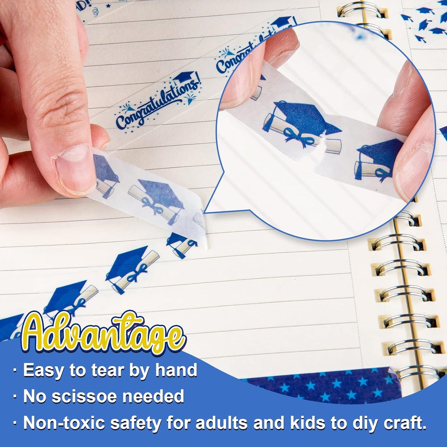 Whaline 12 Rolls Graduation Washi Tape Blue White Congrats Grad Washi Masking Tape Congratulations Star Grad Cap Decorative Paper Stickers for Graduation Scrapbook Gift Wrapping DIY Art Crafts