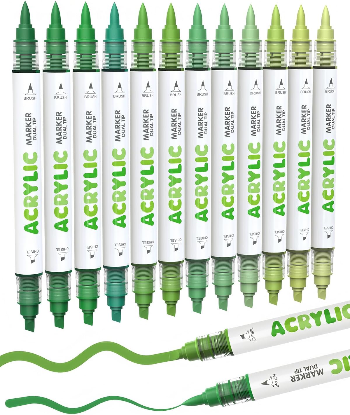 Guangna 12 Green Dual Tip Acrylic Paint Markers, Brush Tip & Chisel Tip Acrylic Paint Pens for Rock, Wood, Glass, Paper, Coloring Book, Ceramic, Canvas, Water-Based Ink