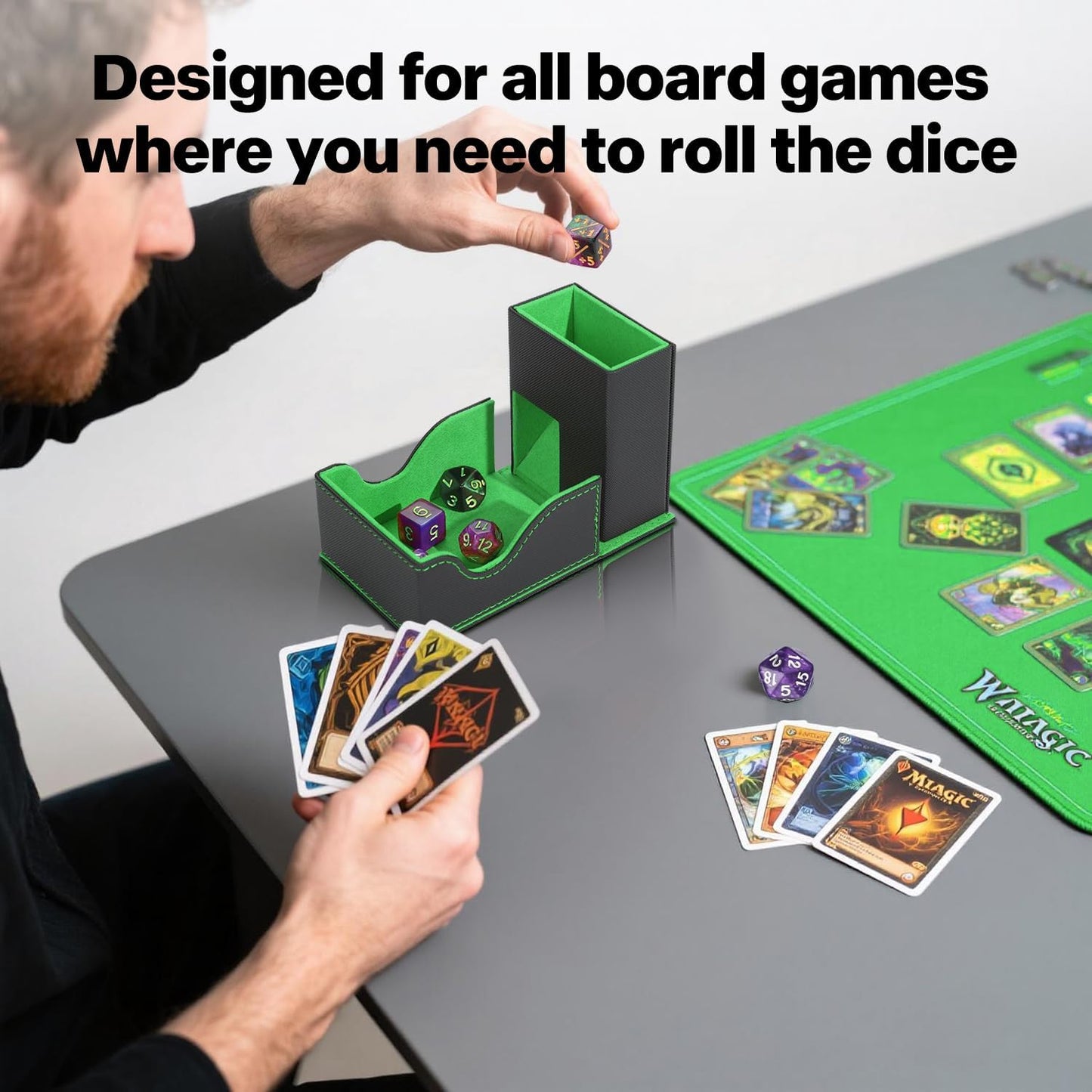 Dice Roller Tower, Premium DND Magnetic Dice Tray, Foldable PU Leather Dice Tower RPG Gifts for Dungeons and Dragons MTG Dm & Player Black/Green