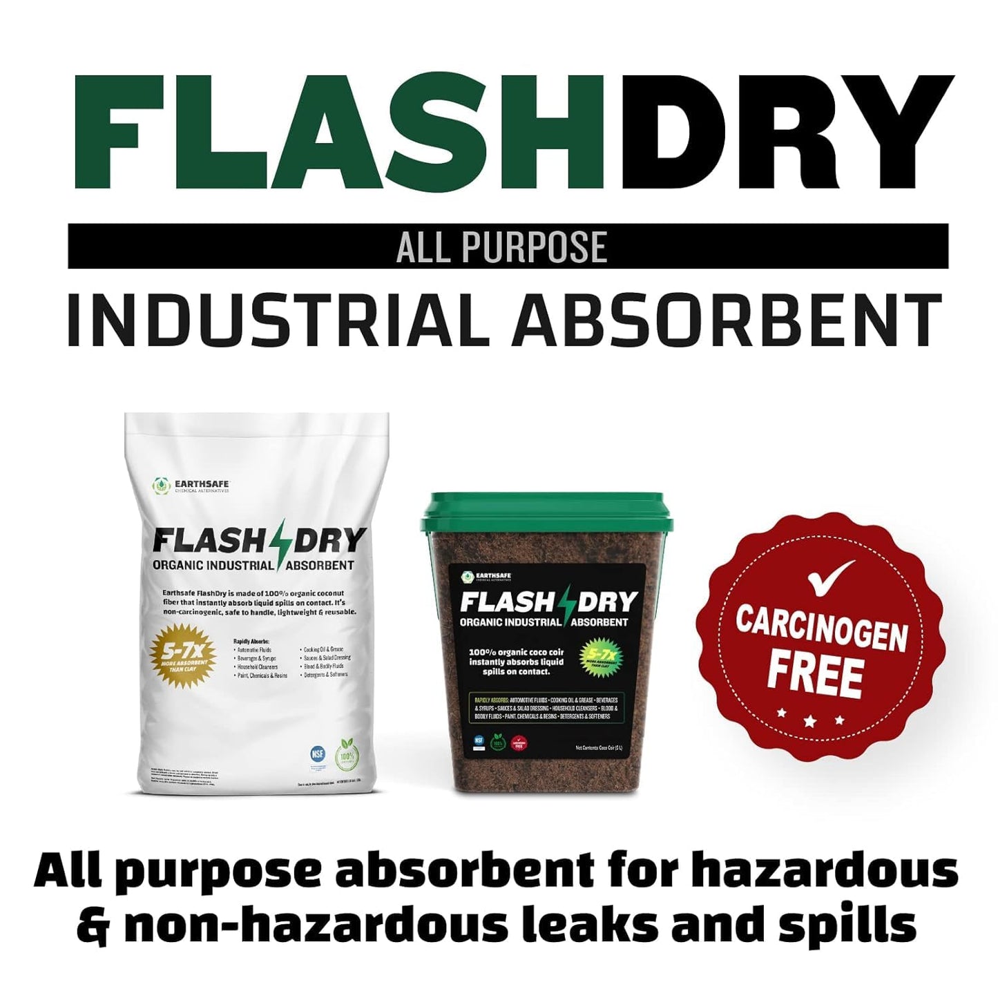FlashDry All Purpose Organic Industrial Absorbent - 5 Liter Bucket, Case of 2- Instantly Absorbs Liquid Spills - Safer and 5-7x More Absorbent Than Clay - Lightweight & Refillable - OSHA Compliant