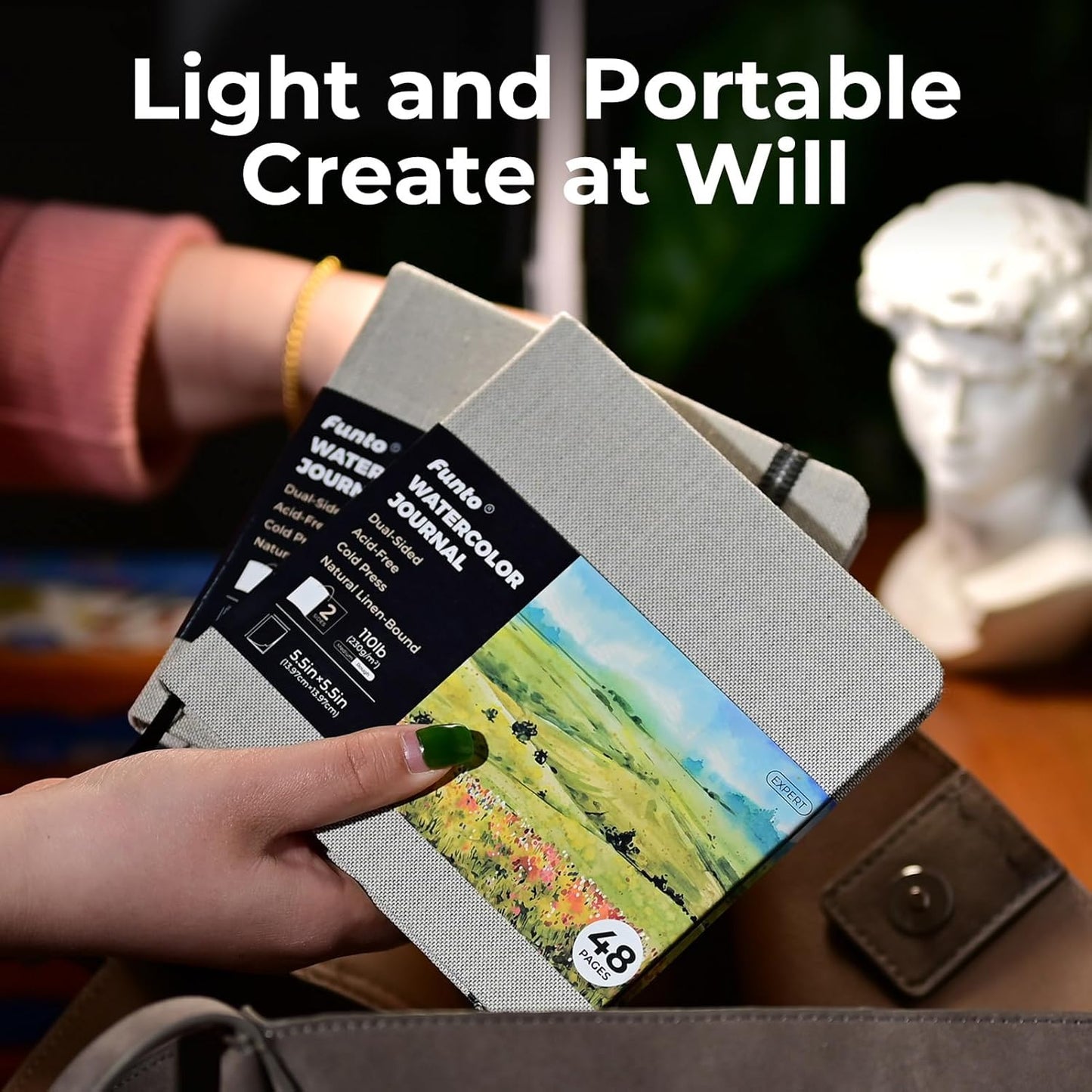 Funto Watercolor Journal, Square, 5.5x5.5, Portable 2-Pack, 48 Pages Each, Gray Cover, 110lb/230gsm, Art Supplies for Mixed Media