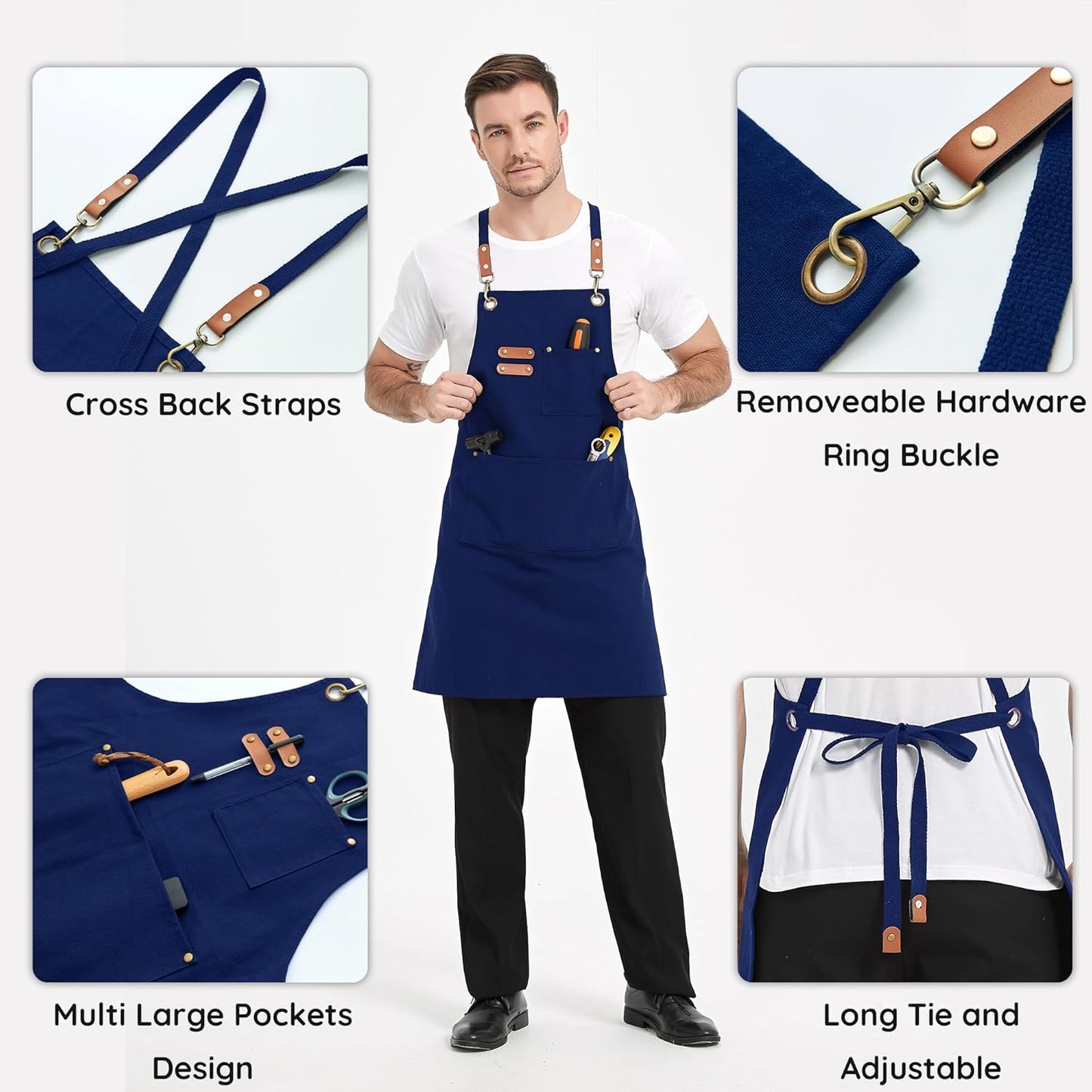 Canvas Aprons, Kitchen Chef Aprons, Work Aprons for Men Women, Adjustable Strap Aprons with 3 Pockets