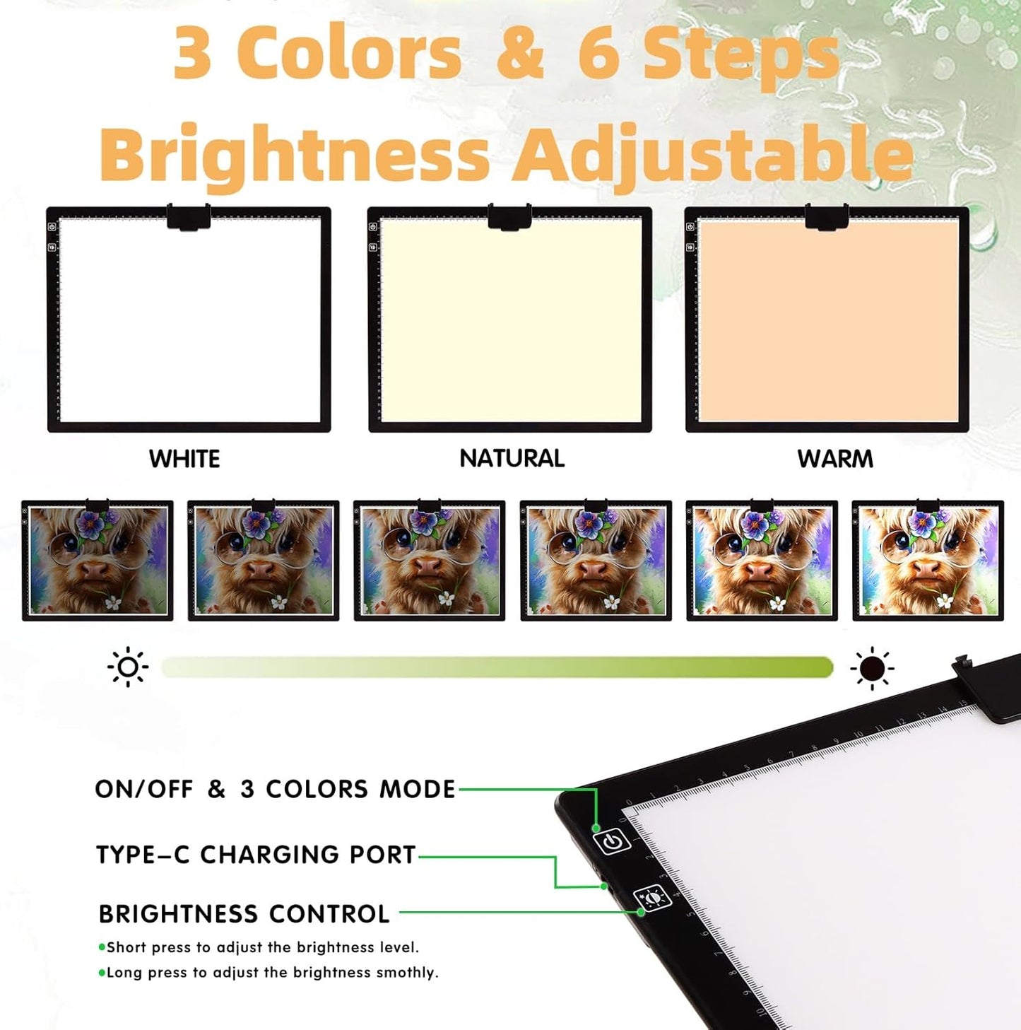 HIUKCOLED Rechargeable A3 Light Pad with Diamond Painting Light Board Carry Bag, Built-in Foldable Stand＆top Clip, 3 Colors/Stepless/6-level Brightness, Battery Powered Wireless LED Tracing Box