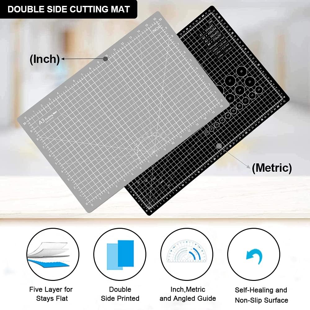 Headley Tools 18"x12" Thickened Self Healing Cutting Mat, A3 Rotary Cutting Sewing Mat for Crafts, Double Sided 5-Ply Table Cutting Board for Fabric Quilting Leather Hobby Project, Grey/Black