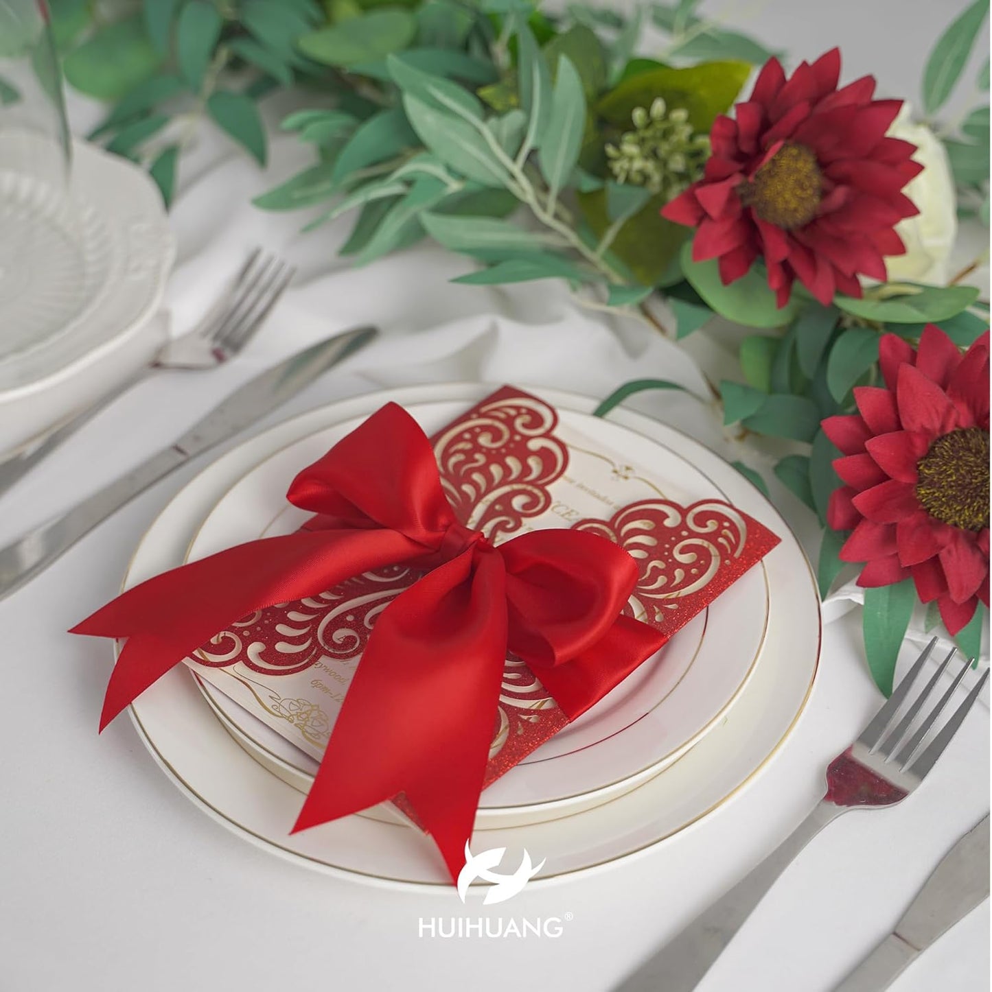 HUIHUANG Red Ribbon 2 inch Double Face Satin Ribbon Red Fabric Ribbon, 25 Yards/Roll for Crafts, Gift Wrapping, Flower Bouquet Wrap, Wedding Bridal Shower Holiday Decor, Hair Bows