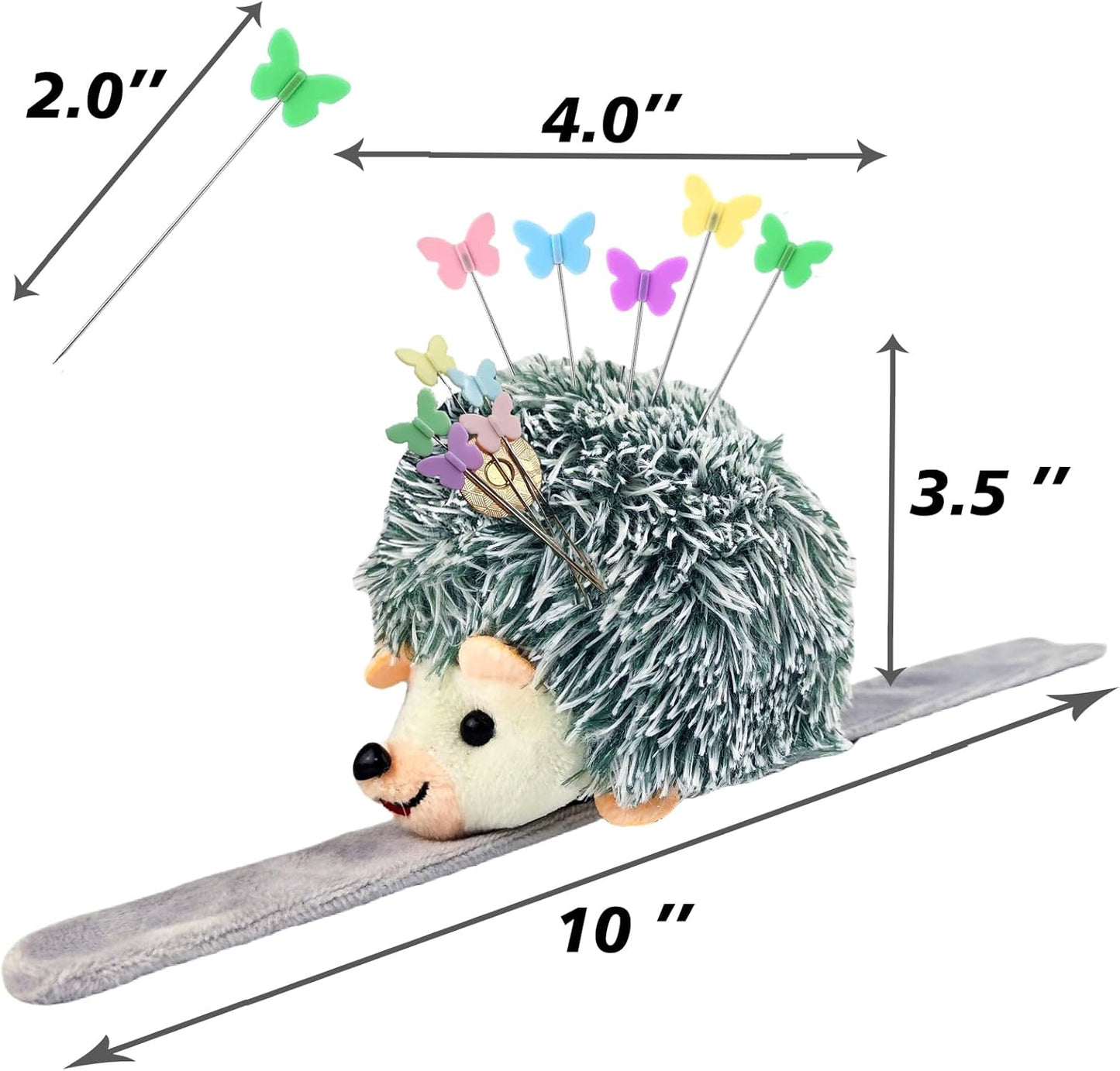 Cute Hedgehog Wrist Pin Cushion for Sewing with Magnetic, Snap Bracelet Wrist Bands for Pins and Needles Include 50 Lovely Butterfly Straight Pins.