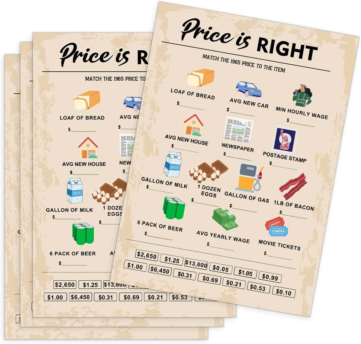 60th Birthday Party Games, Price is Right Games, Birthday Party Supplies for Adults, Fun 1965s Party Game，Pack of 30 Cards