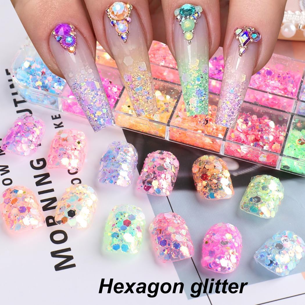Holographic Nail Art Glitter Iridescent Flakes Nail Foil 12 Grids and Mermaid Flake Glitter Sequins 12 Grids,Colorful Fluorescent Glass Acrylic Nails Supplies Sticker for Make Up