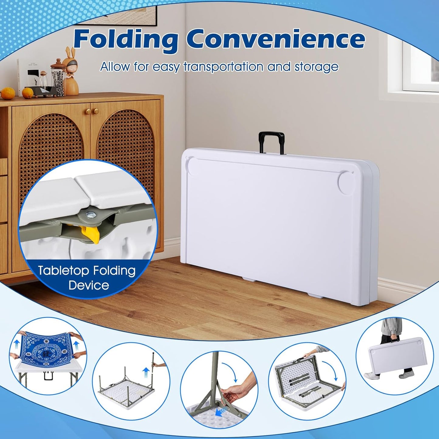 Giantex Folding Mahjong Table, 35" Square Card Table with Cup Holders, Removable Noise Reduction Mat, HDPE Tabletop, 4-Player Portable Domino Tables for Poker Blackjack Board Game (Blue)