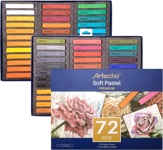 Artecho 72pcs Soft Pastels, 70 Colors Including 4 Fluorescent Colors, Extra Free Black & White, Square Chalk for Drawing, Blending, Layering, Shading, Pastels Art Supplies