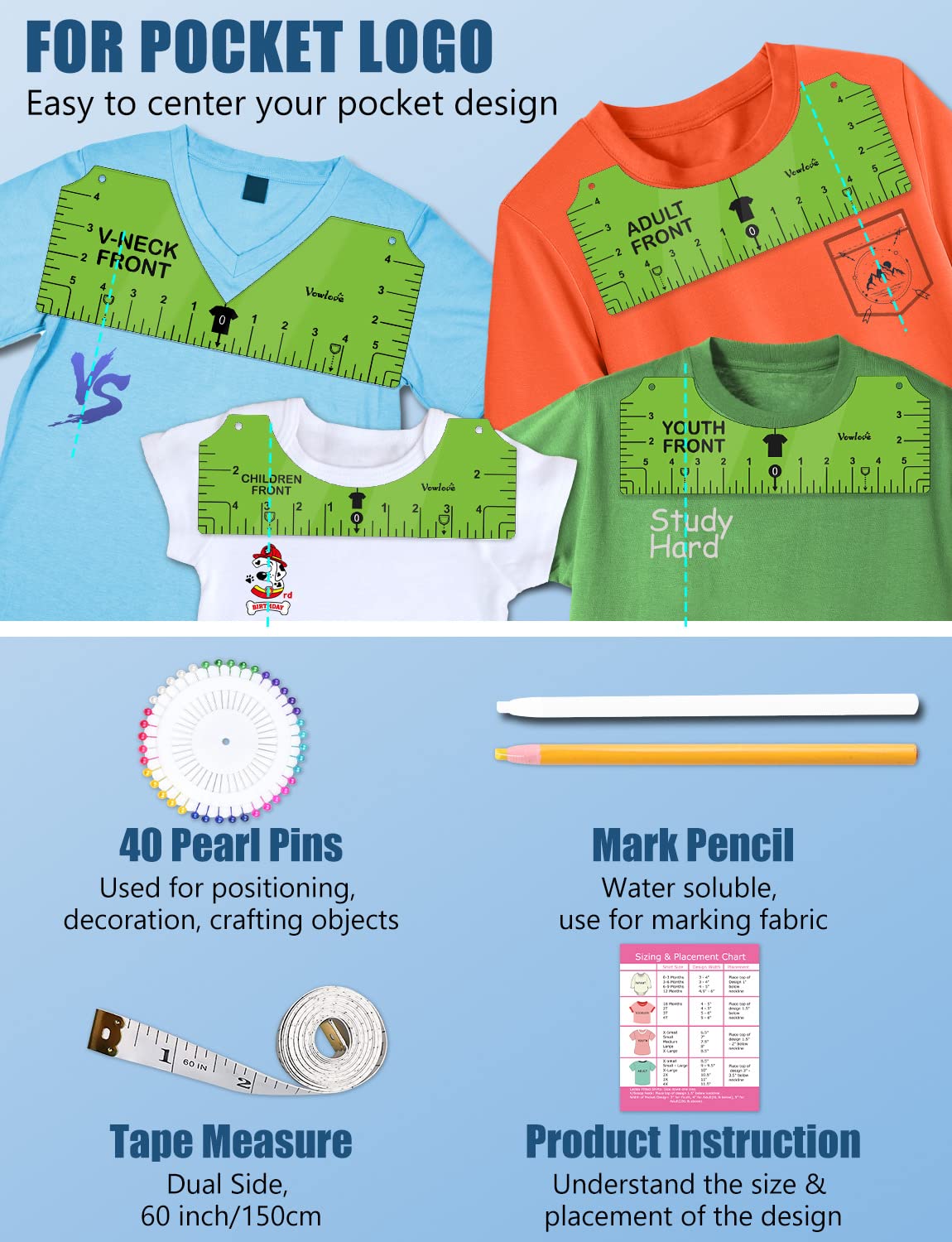 Vowlove Tshirt Ruler Guide for Vinyl Alignment: T Shirt Ruler to Center Design, Tee Measurement Tools, Heat Press Accessories for Sublimation, HTV Heat Transfer Vinyl Press, Screen Printing