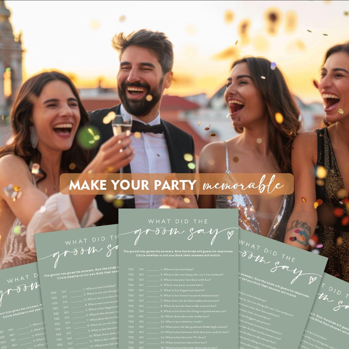 Bridal Shower Games Cards & What Did the Groom Say - 25 Guest Engagement Party Wedding Games - Minimalist Green Wedding Party Supplies - C12