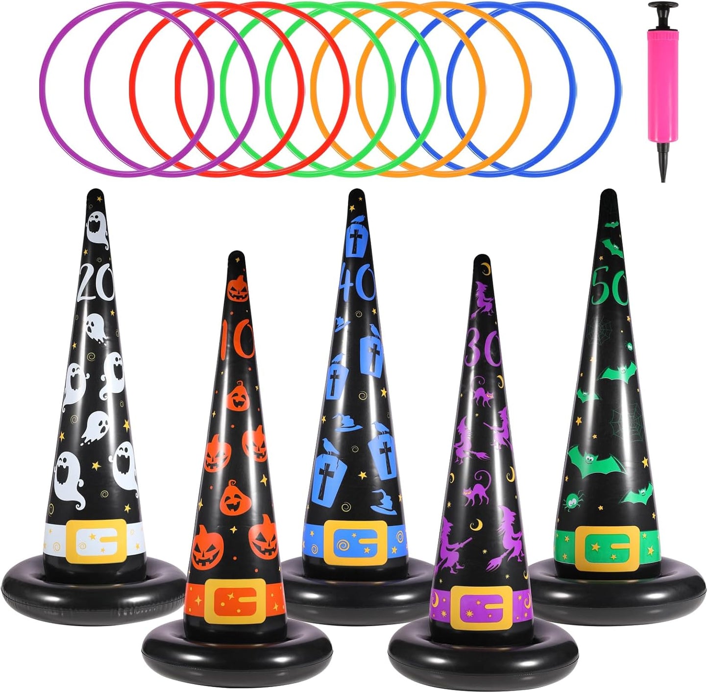 Halloween Ring Toss Game Set, 5Pcs Inflatable Witch Hats with 10Pcs Colorful Plastic Rings and Air Pump for Halloween Party Games Super Fun Indoor Outdoor Party Supplies