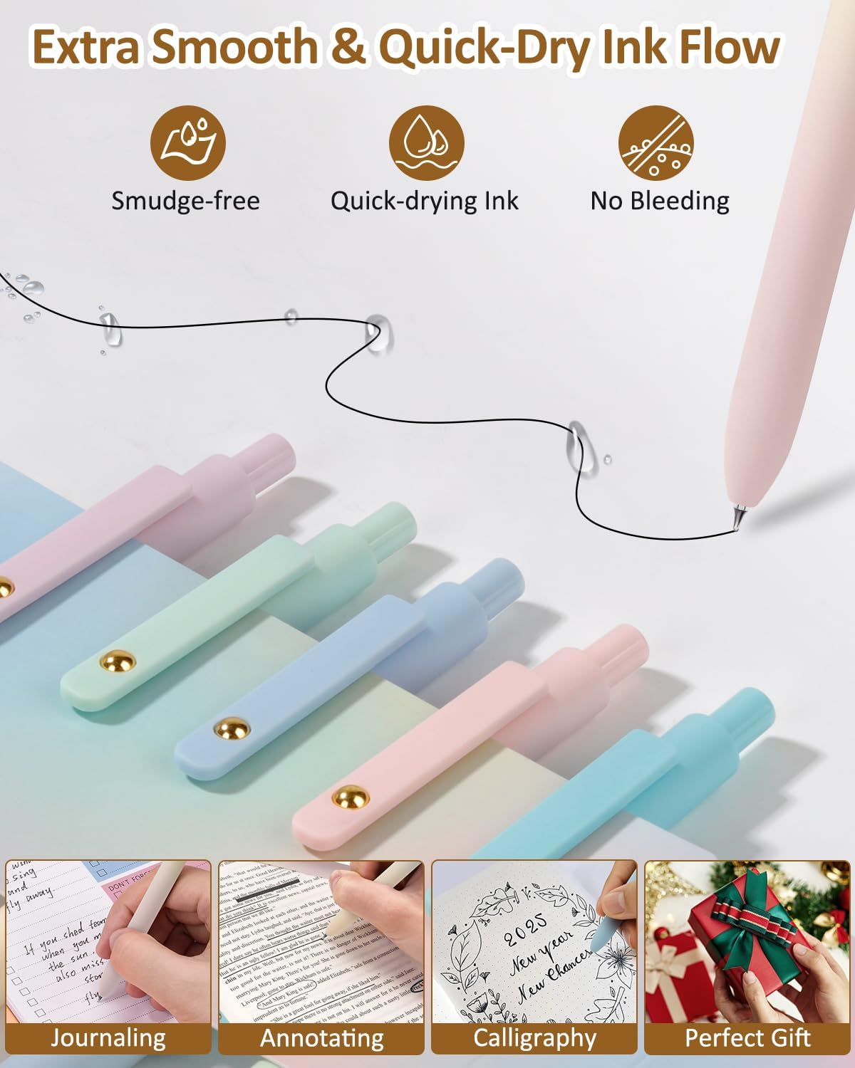 FIOVER Gel Pens, 6 Pcs 0.7mm Comfort Grip Quick Dry Black Ink Pens Fine Point Smooth Writing Pens, Cute Office Back to School Supplies Gifts for Women (12PCS Gradient Black Ink)