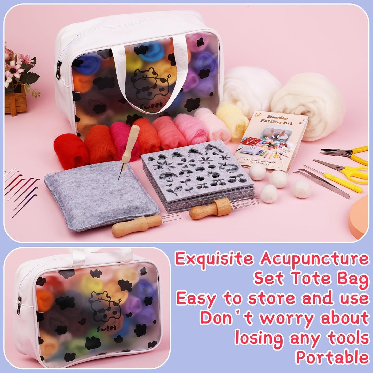 Mayboos Needle Felting Kit, 42 Colors Wool Roving Set, Needle Felting Kit with Felting Tool and Foam Mat Needle Felting Supplies for Home Decoration Felted