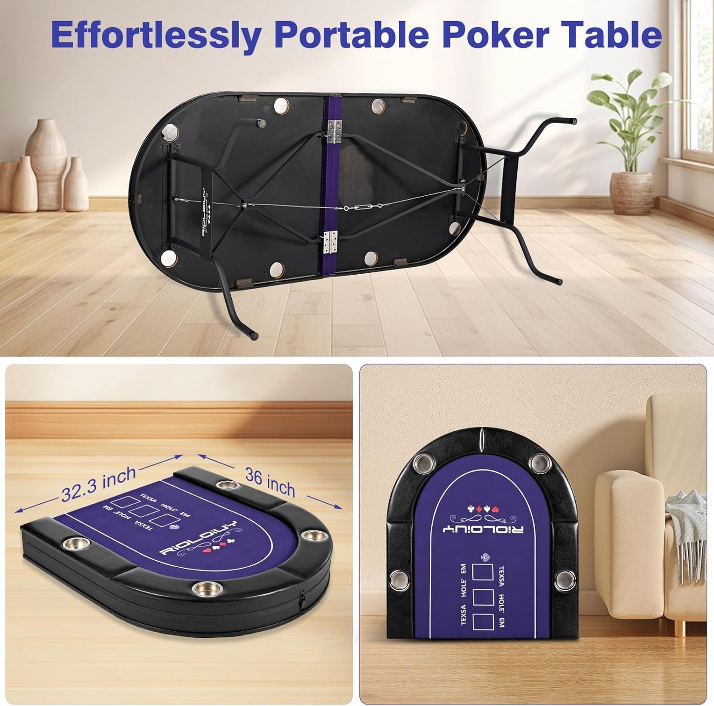 8 Player Poker Table Foldable, Texas Holdem Casino Table with Padded Rails & Cup Holders, Portable Folding Game Table for Home or Game Room, 71 Inch