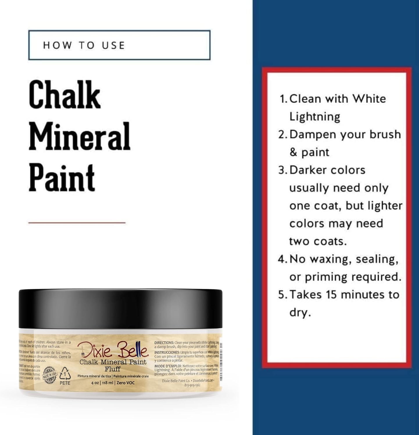 Dixie Belle Paint Company Chalk Finish Furniture Paint - Fluff (4oz) - Matte Soft White Chic Chalk Mineral DIY Furniture Paint