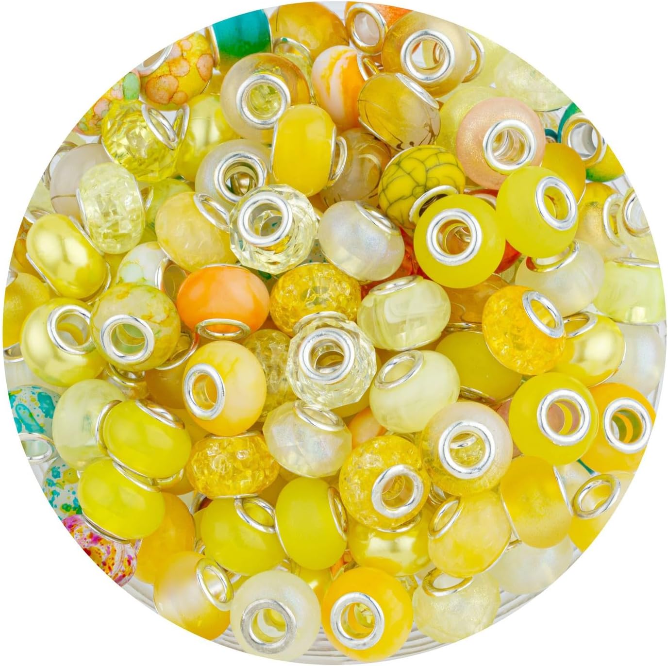 LAIDANLA Yellow Mix Large Hole Beads, 100pcs, 14mm x 5mm, Resin, Plastic, Acrylic, Round, Loose Beads for Jewelry Making, Bracelet, Necklace, Decoration