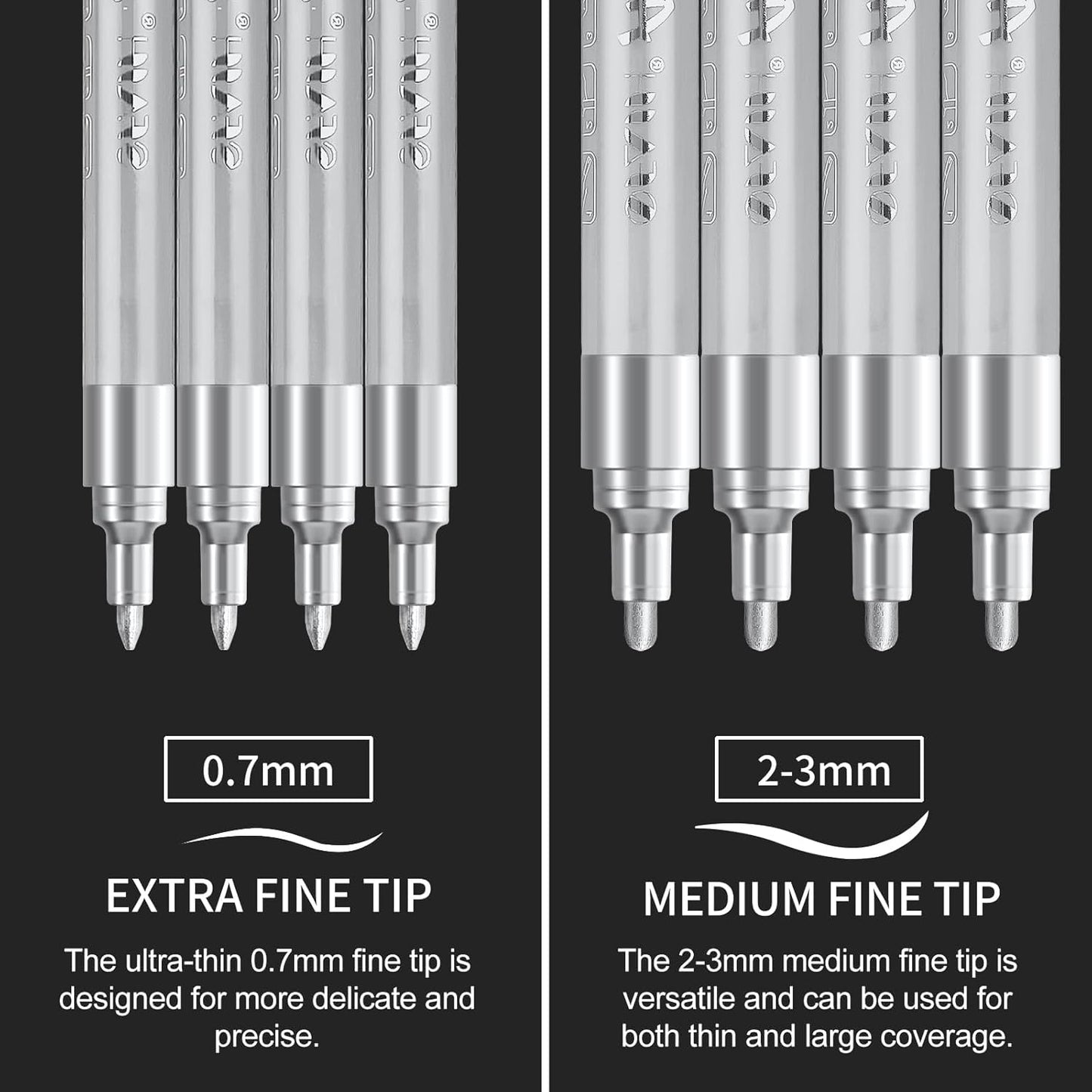 SFAIH Acrylic Silver Paint Pens - 8 Pack 2-3MM Medium Tip & 0.7MM Extra Fine White Paint Marker for Rock Painting, Wood, Metal, Fabric, Canvas, Glass, Ceramic, Diy Crafts